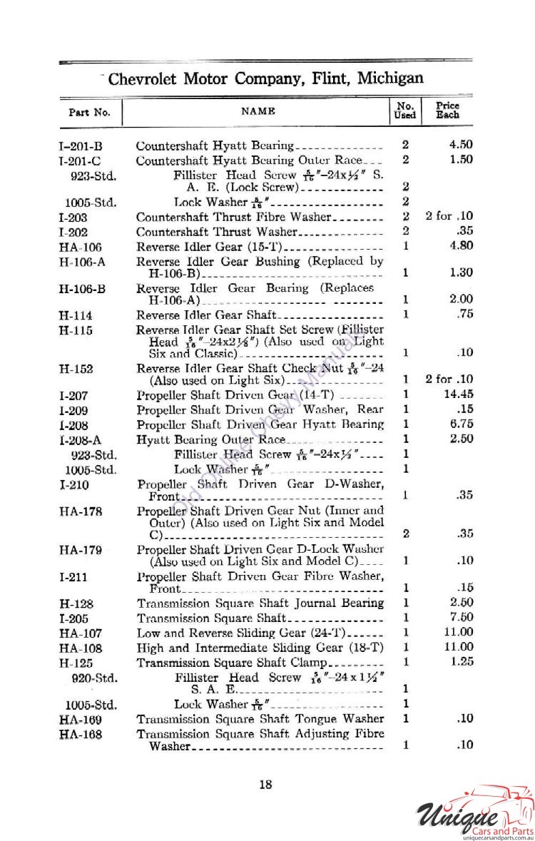 1912 Chevrolet Light and Little Six Parts Price List Page 51